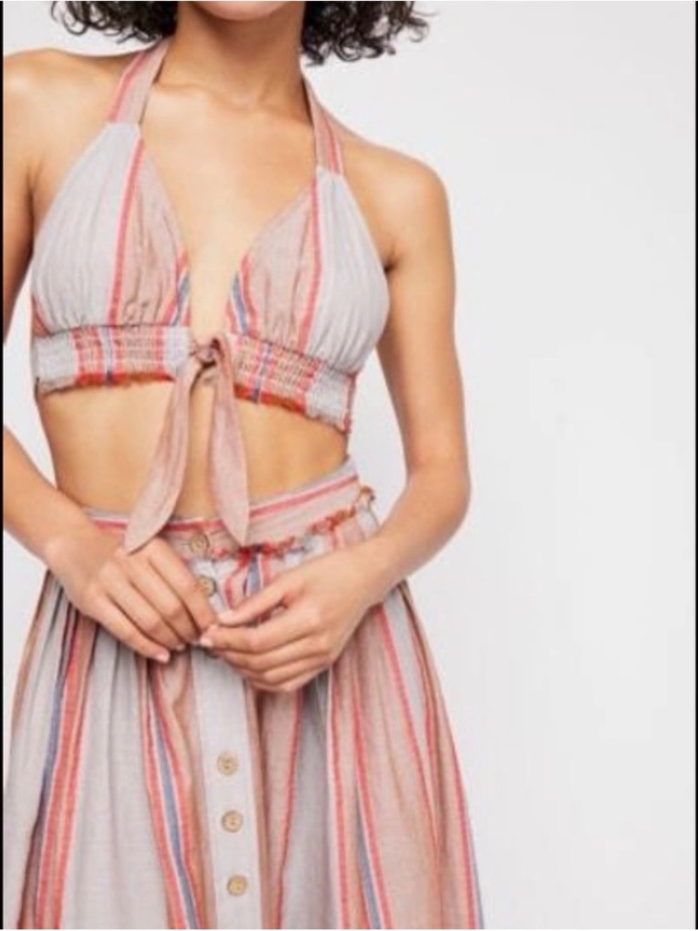 Free People Heatin Up Tie-Front Halter Crop Top  and Skirt in Beige and Coral